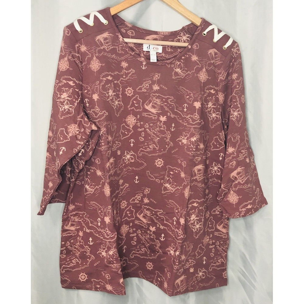 D & CO. Woman Sz XL Rose French Terry   3/4 sleeves Top Round Neck NEW IN BAG